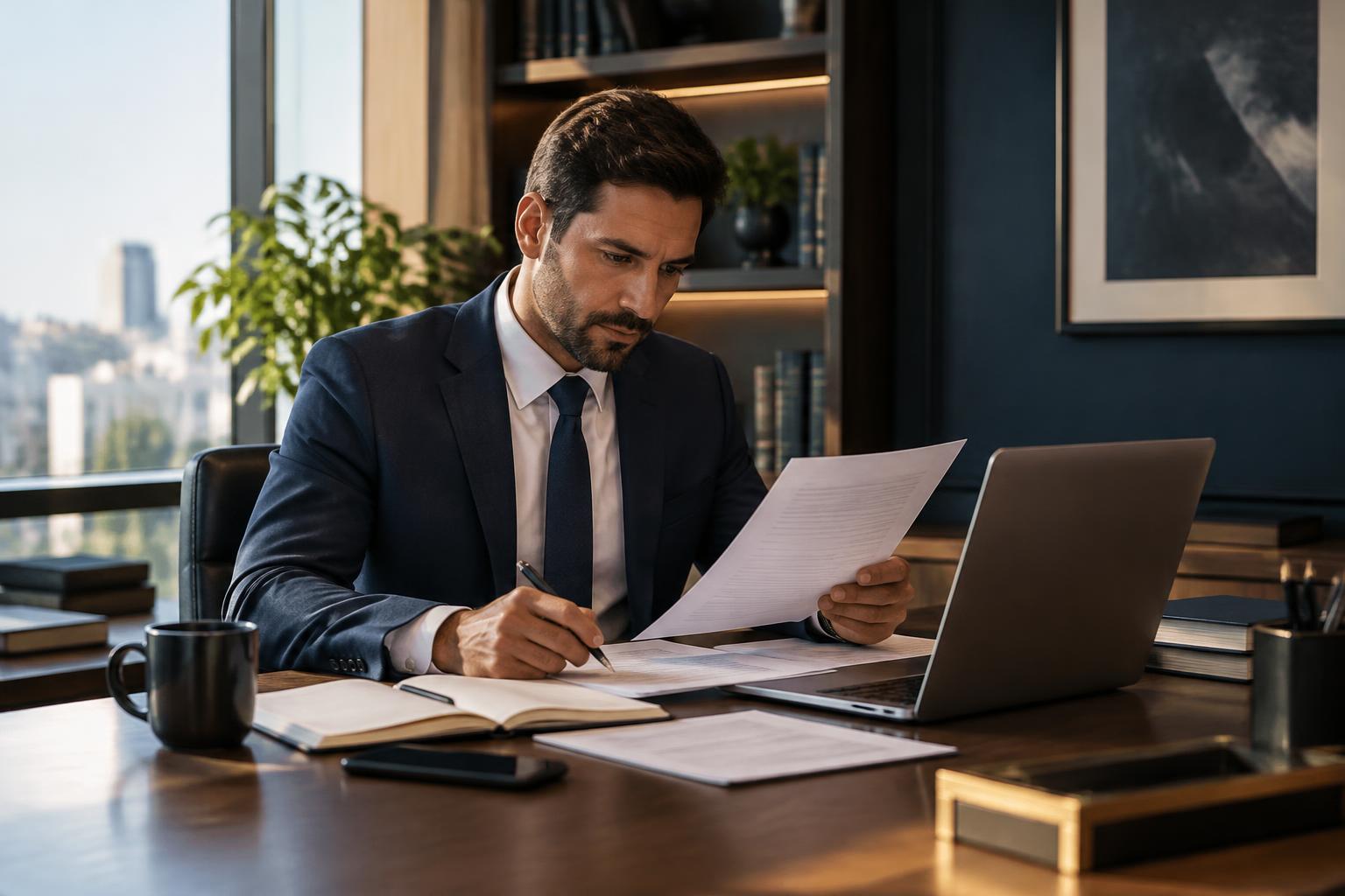 Profissional analisando documentos ao lado de um notebook
